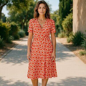 Boden Midi Dress Jersey Knit V-Neck Short Sleeve Red White Women's 4